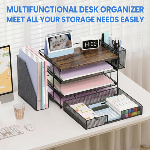 OPNICE Desk Organizers and Accessories, 4-Tier Desktop File Organizer with Drawer and Pen Holders, Office Desk Accessories Workspace Organizers for Office Supplies (Brown)