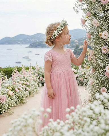 2Bunnies Girl Paisley Lace Back A-Line Straight Tutu Tulle Party Flower Girl Dress