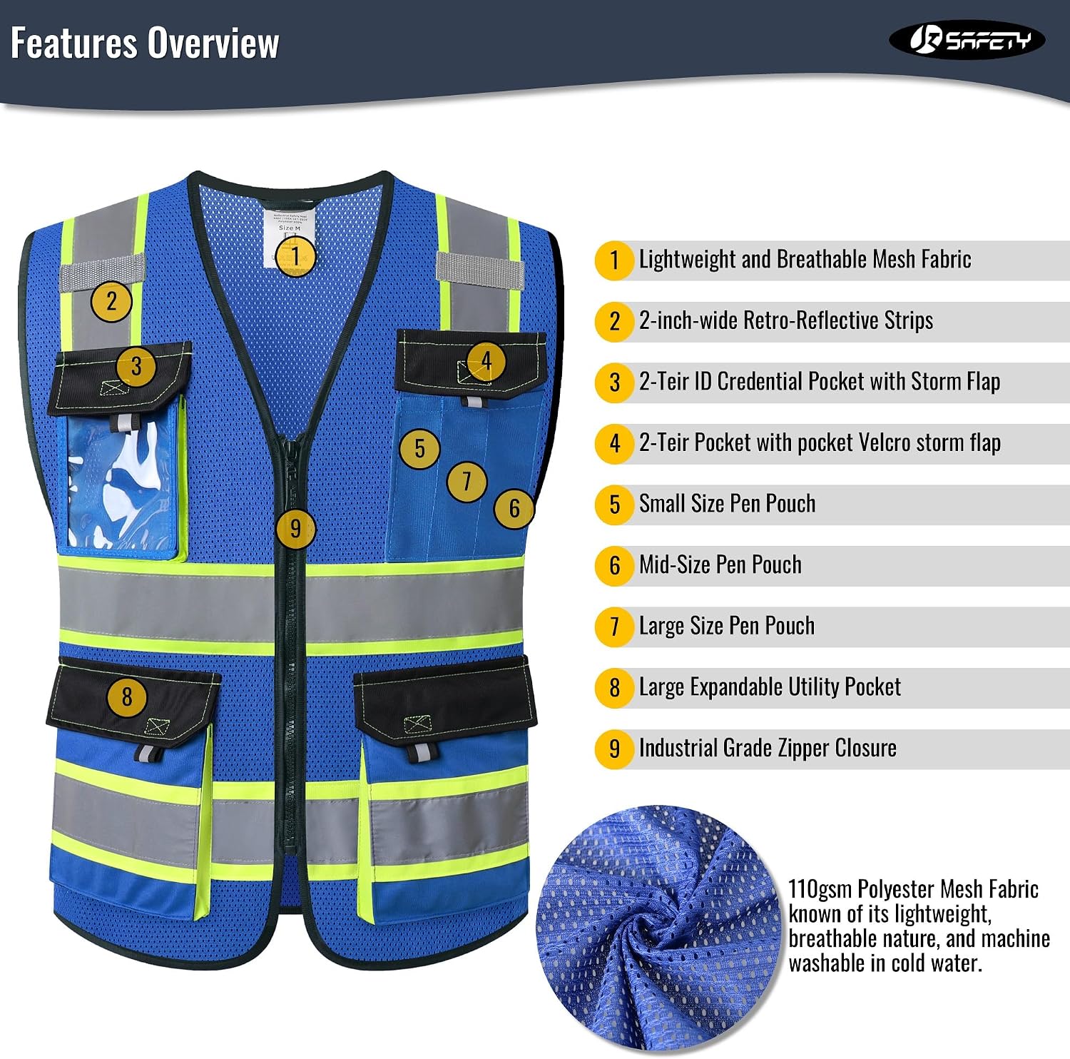 JKSafety Safety Vest for Men Women Hi Vis Reflective Vest JK220 Blue 2XL
