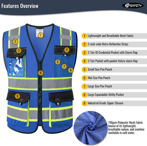 JKSafety Safety Vest for Men Women Hi Vis Reflective Vest JK220 Blue 2XL