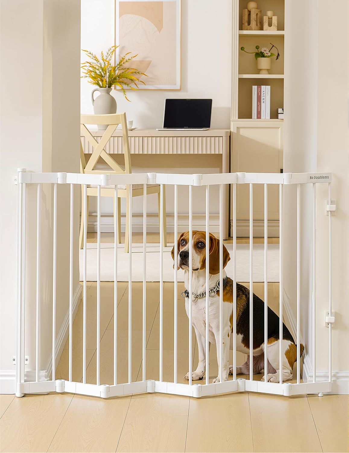 No Pawblems Retractable Safety Gate, Metal Adjustable Dog Gate for Doorways, Stairs & Hallways, Expands to 45" Wide, Auto Retract Design, No Bottom Bar, White