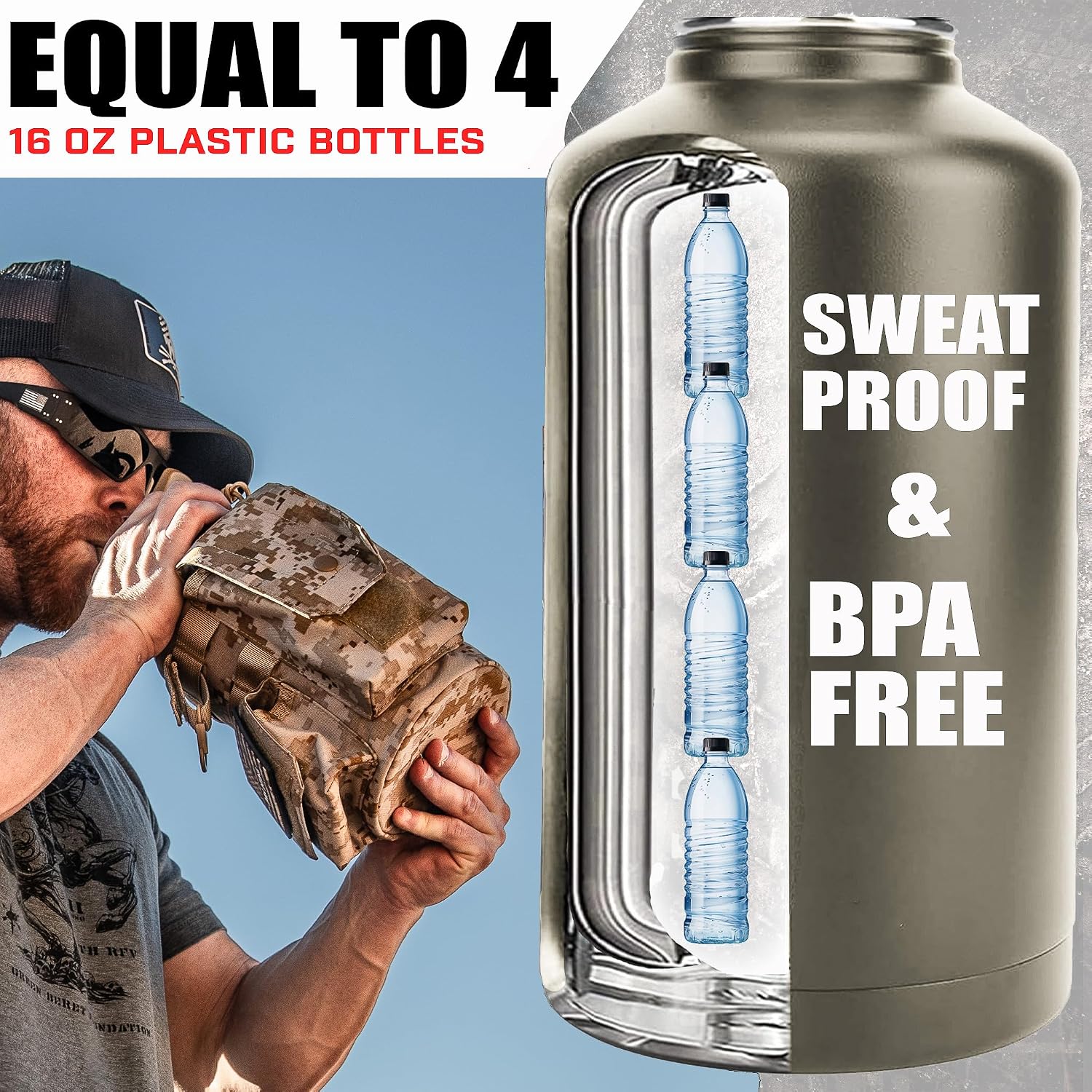 Iron Infidel Battle Bottle - Half Gallon Water Bottle Insulated, 64 oz Tactical Stainless Steel Water Jug with Handle - Gym Water Bottle with Rugged Sleeve for Storage (MARPAT 2 Liter)