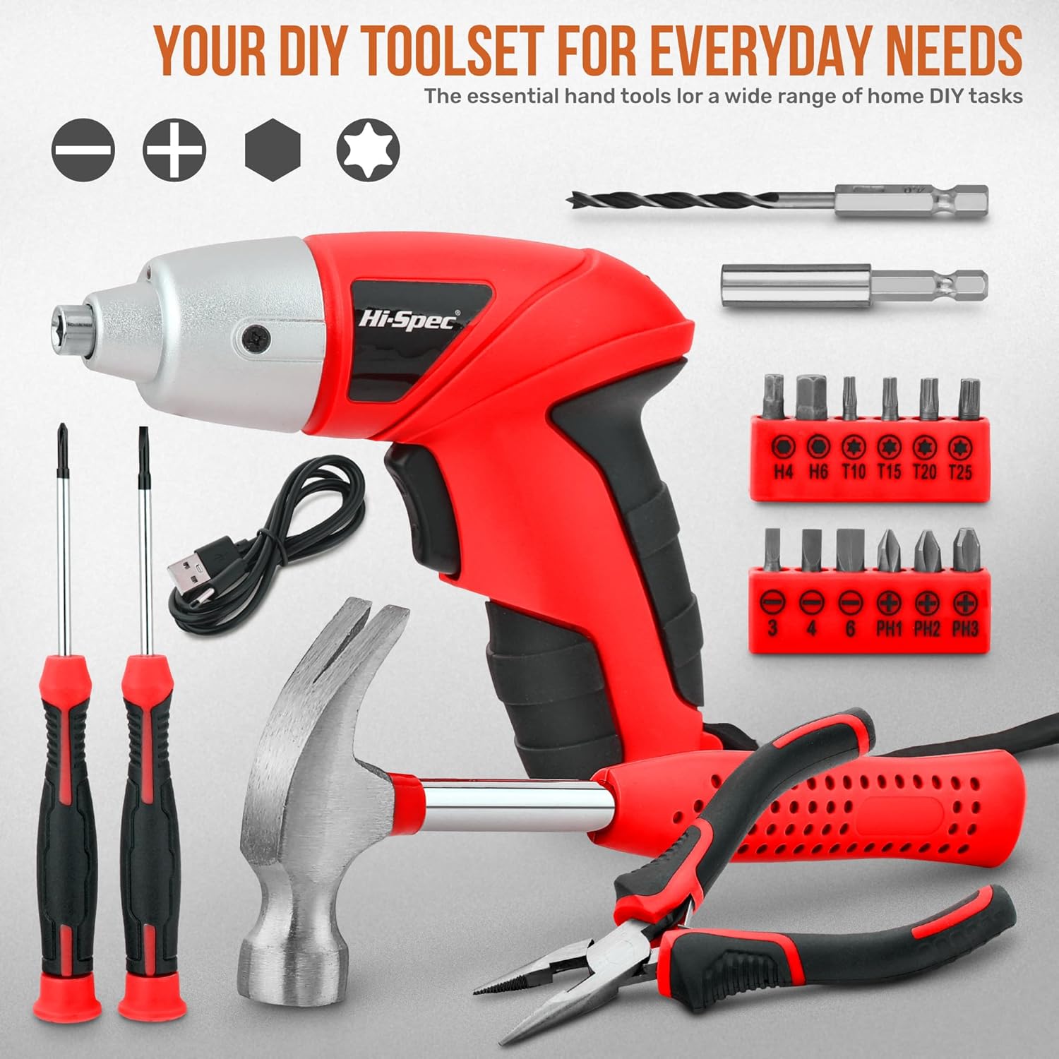 Hi-Spec 3.6V USB Small Power Screwdriver & Home DIY Tool Kit with Case, Red