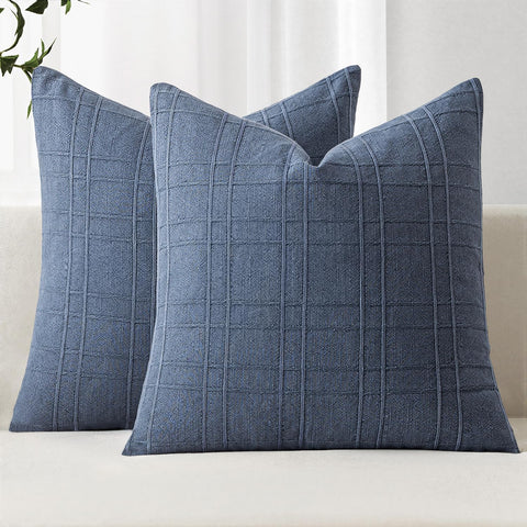 MIULEE Linen Plaid Pillow Covers Coastal Decorative 16x16 Blue