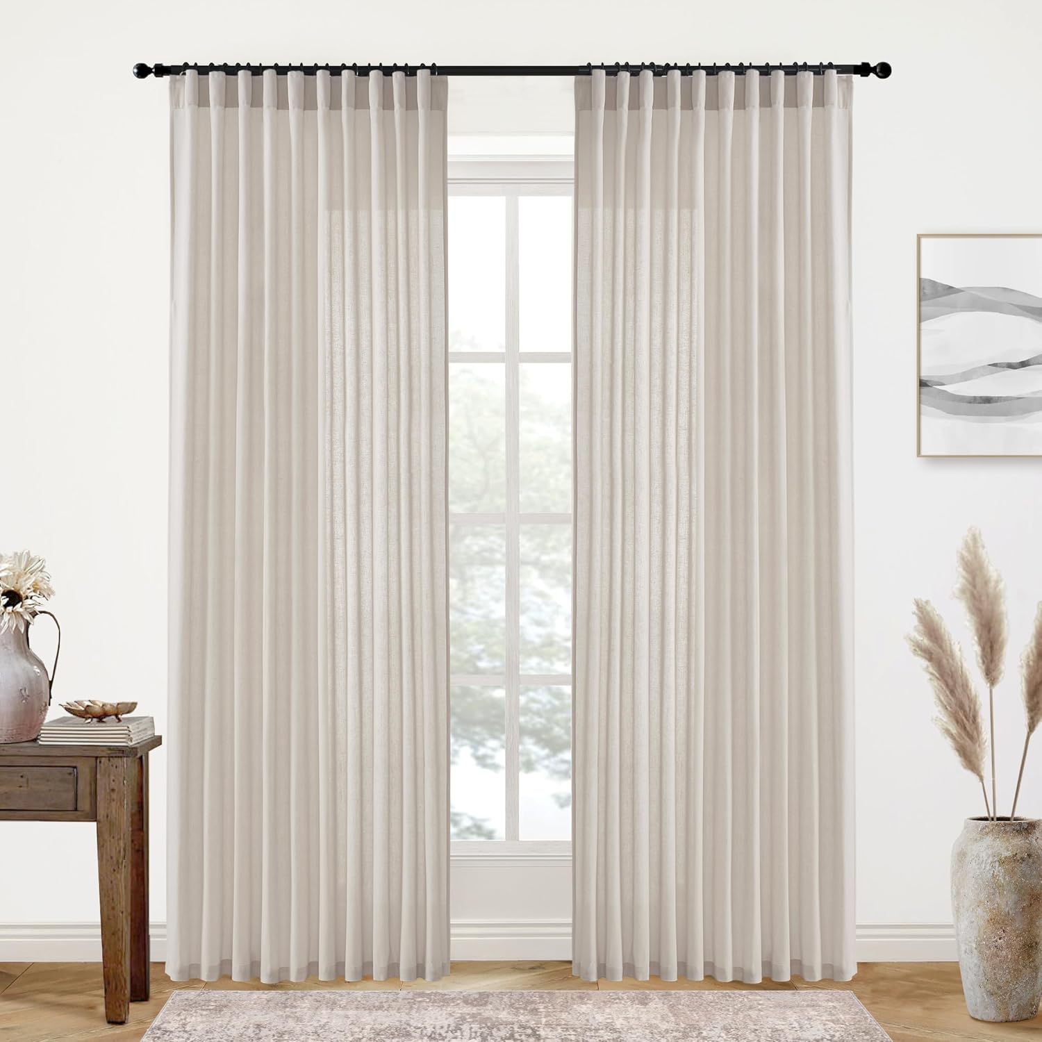 XTMYI 70 Inches Wide Country Curtains for Living Room,Sheer Linen Shabby Chic Curtains for Bedroom Oatmeal 108 Inches Long