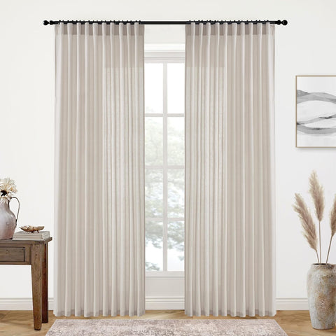 XTMYI 70 Inches Wide Country Curtains for Living Room,Sheer Linen Shabby Chic Curtains for Bedroom Oatmeal 108 Inches Long