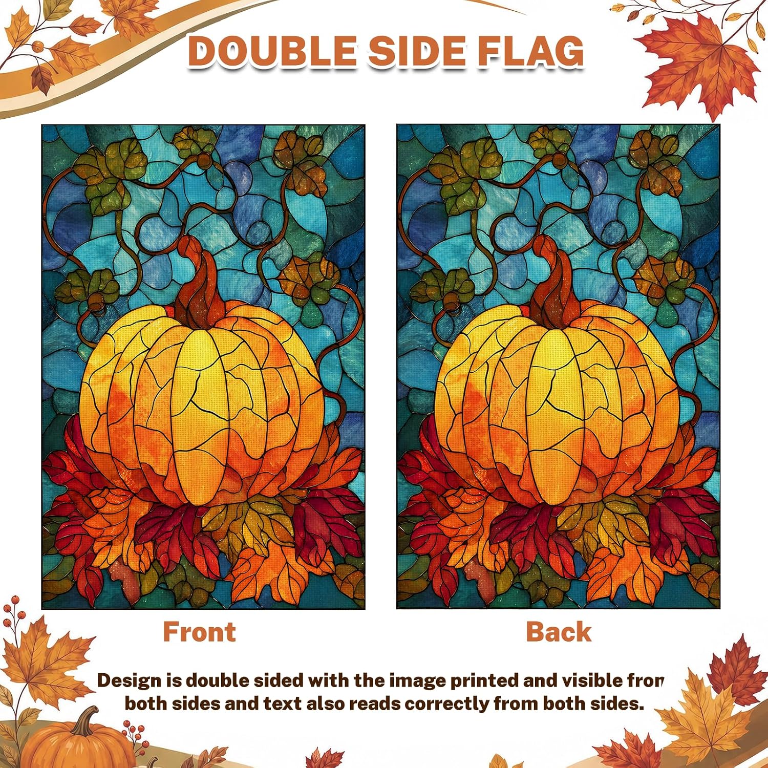 Fall Garden Flag 12x18 Inch for Outside Double Sided Fall Decorations Outdoor Yard Sign Stained Glass Pumpkin Maple Leaf Banner for Thanksgiving Autumn Decor