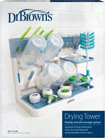 Dr. Brown's Drying Tower, Stand-Up Drying Rack, Countertop Baby Bottle Drying with Organized Storage for Baby Essentials, Space Saving Vertical Rack, Blue/White