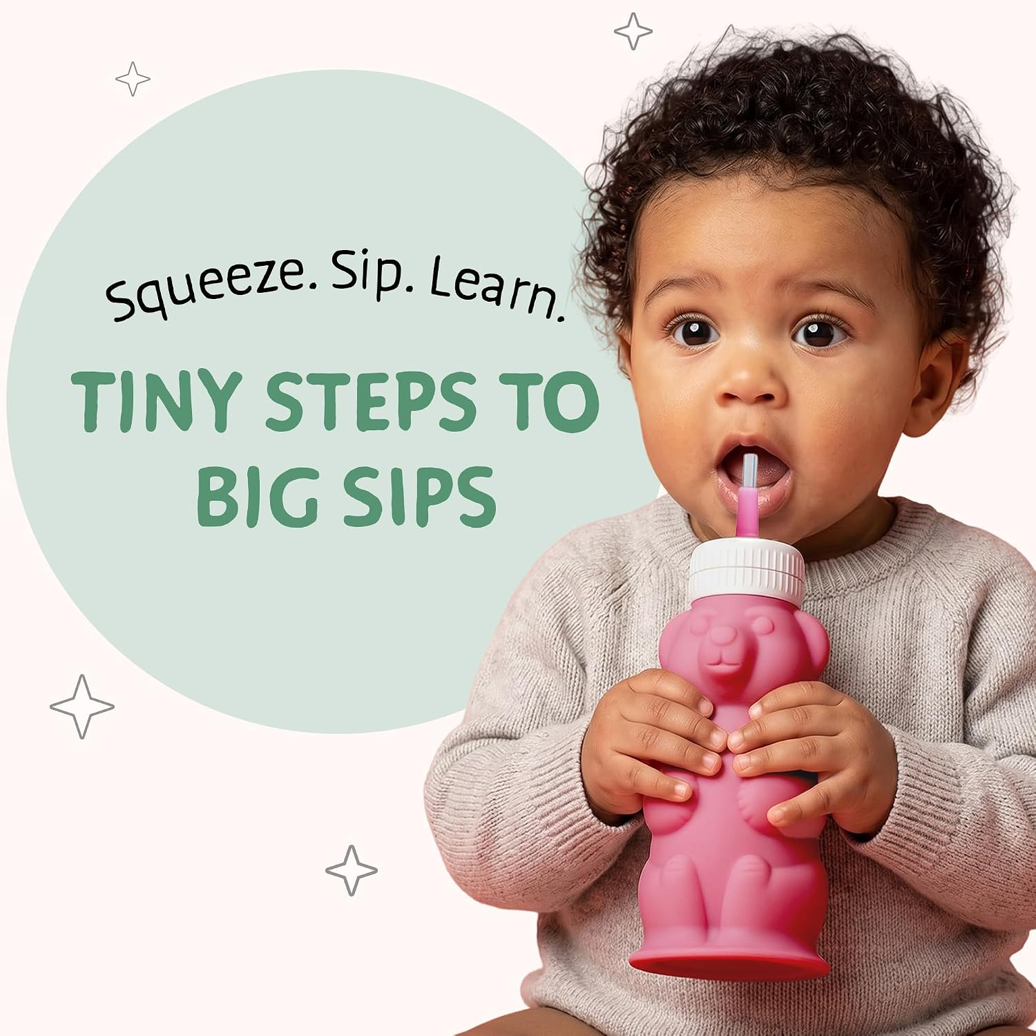 Legendairy Milk Honey Bear Straw Cup for Baby & Toddler, Silicone Squeeze Training Straw Cup, Leak Resistant Baby Sippy Cup with Straw, BPA Free, Dishwasher Safe, Bottle Transition, 8 oz, Pink