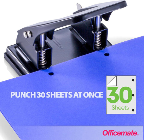 Officemate 2 Hole Punch - 30 Sheet Capacity, Manual Paper Punch with Adjustable Paper Guide, Durable Metal Construction, Removable Chip Tray, Black