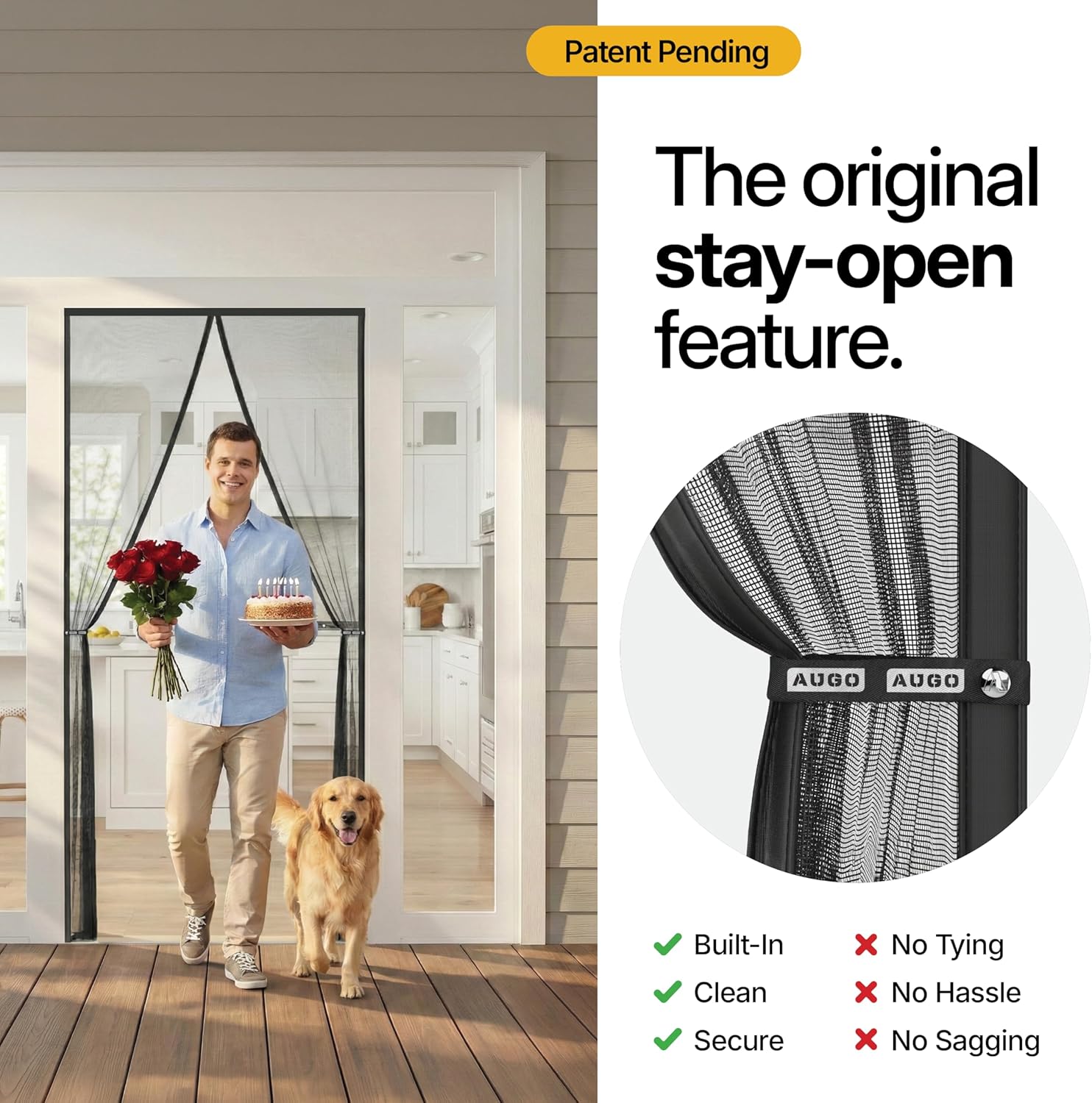 AUGO Magnetic Screen Door - Self Sealing, Heavy Duty, Hands Free Mesh Partition Keeps Bugs Out - Pet and Kid Friendly - Patent Pending Keep Open Feature - 38 Inch x 83 Inch