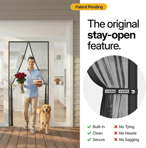 AUGO Magnetic Screen Door - Self Sealing, Heavy Duty, Hands Free Mesh Partition Keeps Bugs Out - Pet and Kid Friendly - Patent Pending Keep Open Feature - 38 Inch x 83 Inch
