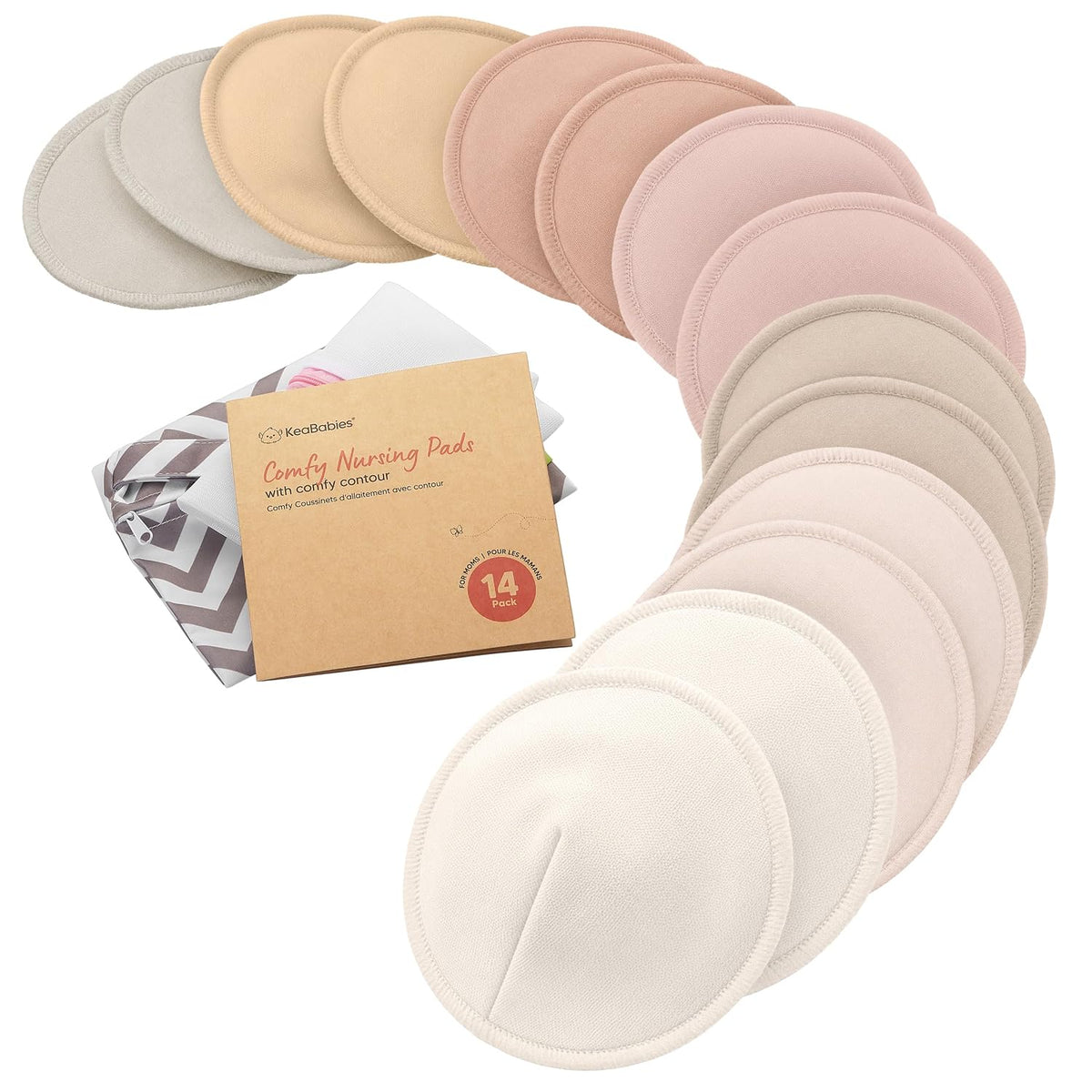 Organic Nursing Pads, 14 Washable Breast Pads,Wash Bag (Neutrals, L 5")
