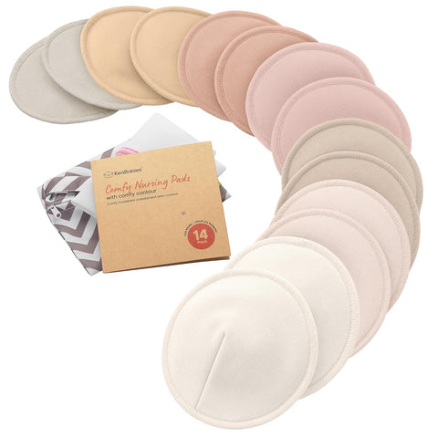 Organic Nursing Pads, 14 Washable Breast Pads,Wash Bag (Neutrals, L 5")