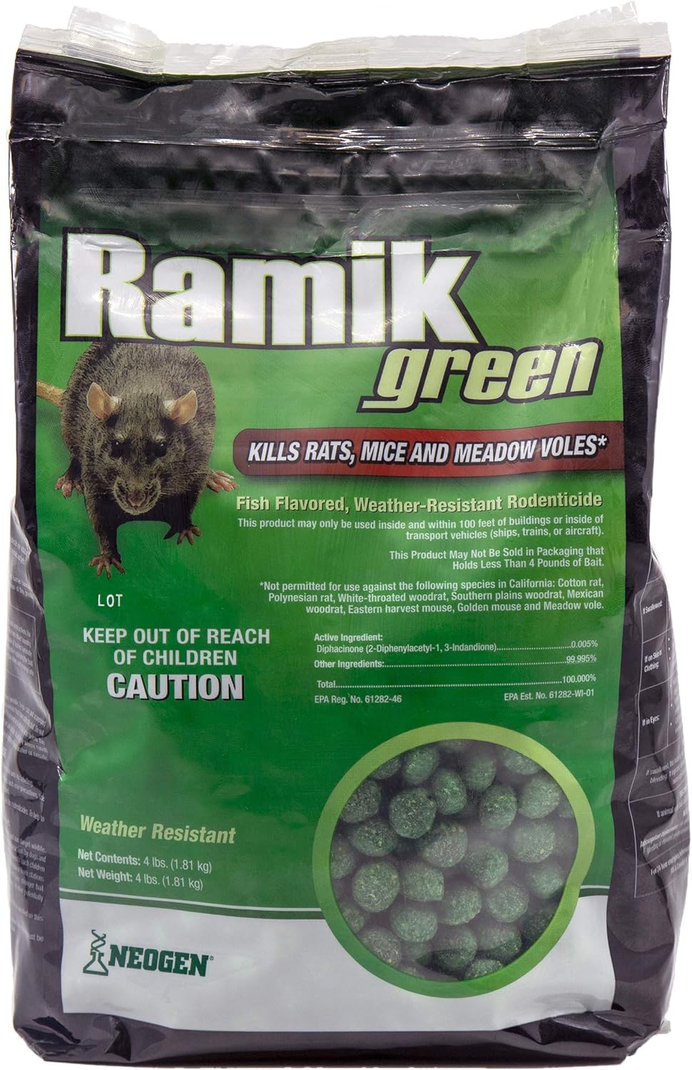 Neogen Ramik Green Fish Flavored Weather Resistant Rodenticide Nuggets, 4 lb bag (00615)