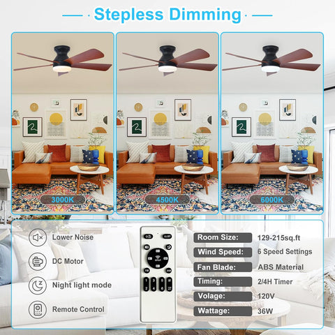 Depuley Modern Ceiling Fan with Light: 42-Inch Black Small Fans for Bedroom Indoor Outdoor - Dimmable Low Profile Ceiling Fans with Remote Control Flush Mount 5 Reversible Walnut Blades 6 Speeds Timer