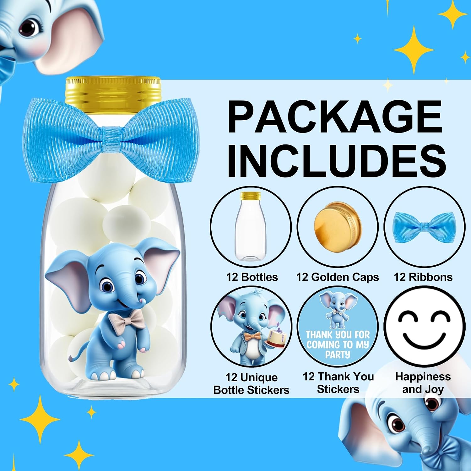 Ethisa Small 12 Pack Blue Elephant Party Favors - Candy Jars with Ribbons and Stickers - DIY Party Decoration Bottles for Baby Shower, Birthday, Gender Reveal, and Classroom - Boy Table Centerpiece