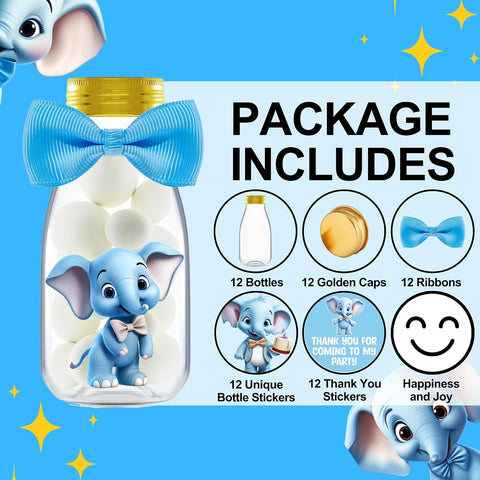 Ethisa Small 12 Pack Blue Elephant Party Favors - Candy Jars with Ribbons and Stickers - DIY Party Decoration Bottles for Baby Shower, Birthday, Gender Reveal, and Classroom - Boy Table Centerpiece