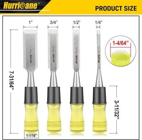 HURRICANE 4 Piece Wood Chisel Set for Woodworking. CR-V Steel Beveled Edge Blades with Safety Caps. Durable PVC High Impact Handle, for Precision Carving & DIY Projects (1/4", 1/2", 3/4", 1")
