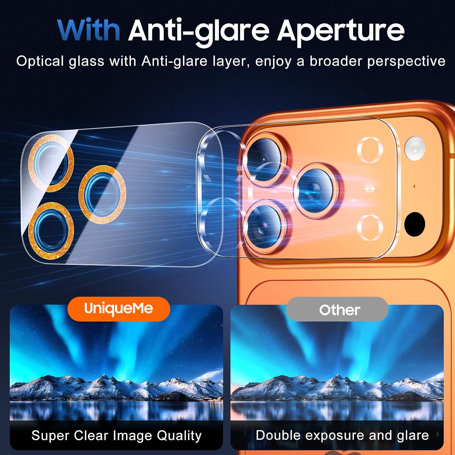 UniqueMe for 3 Pack iPhone 17 Pro Camera Lens Protector - Glitter Orange
