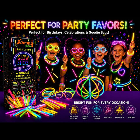 Ammy Glow Glow Sticks (205 Pcs Kit) Bulk Party Pack-100 Pack Glow Sticks with Connectors & Glasses- Party Favors for Kids 8-12- Neon Glow in The Dark Party Supplies for Birthdays & Events