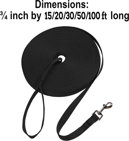 Hi Kiss Dog/Puppy Obedience Recall Training Agility Lead/Leash - 15ft 20ft 30ft 50ft 100ft - Great for Play, Camping, or Backyard - Black