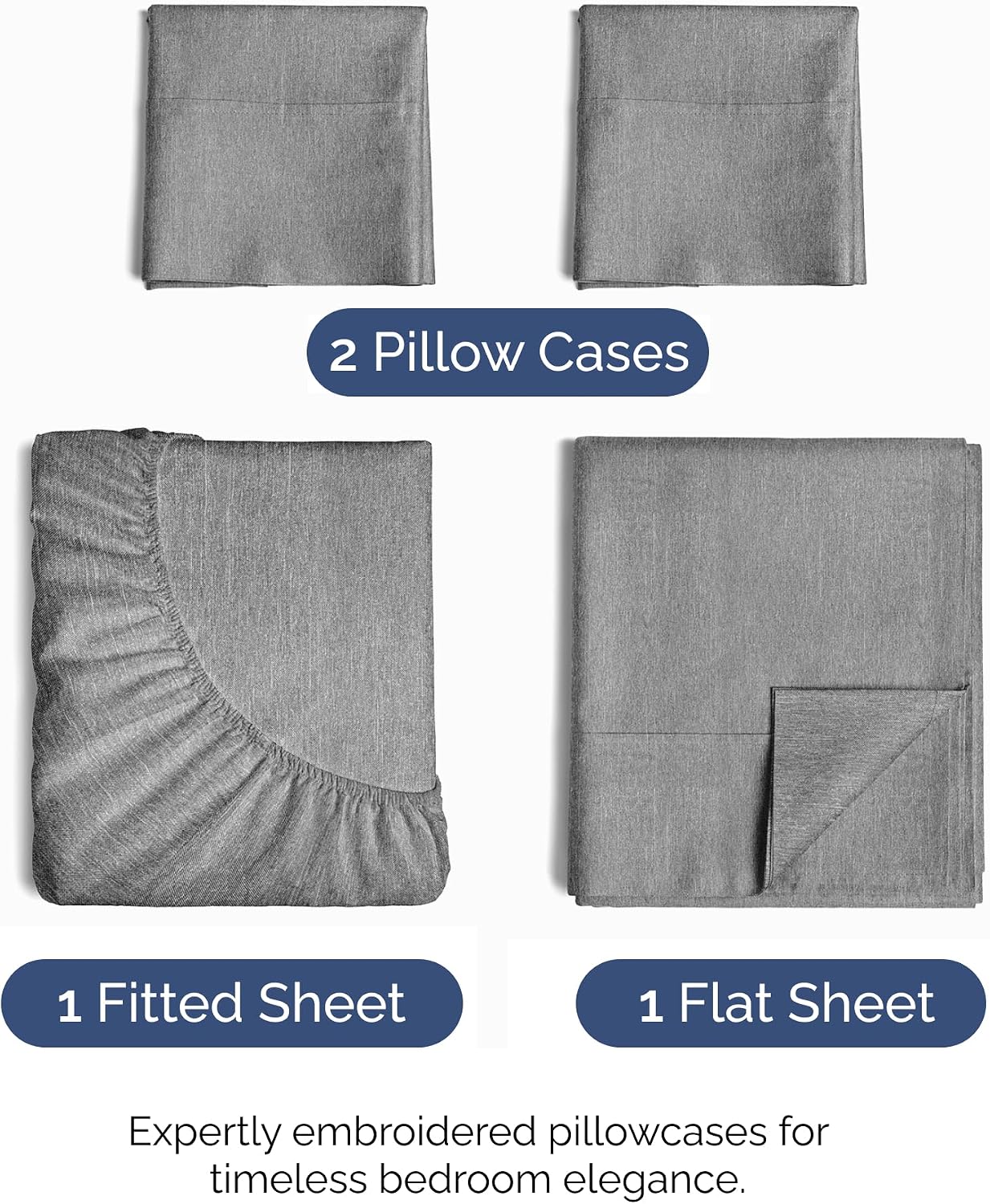 Queen Size 4 Piece Sheet Set - Breathable & Cooling Sheets - Heathered Grey
