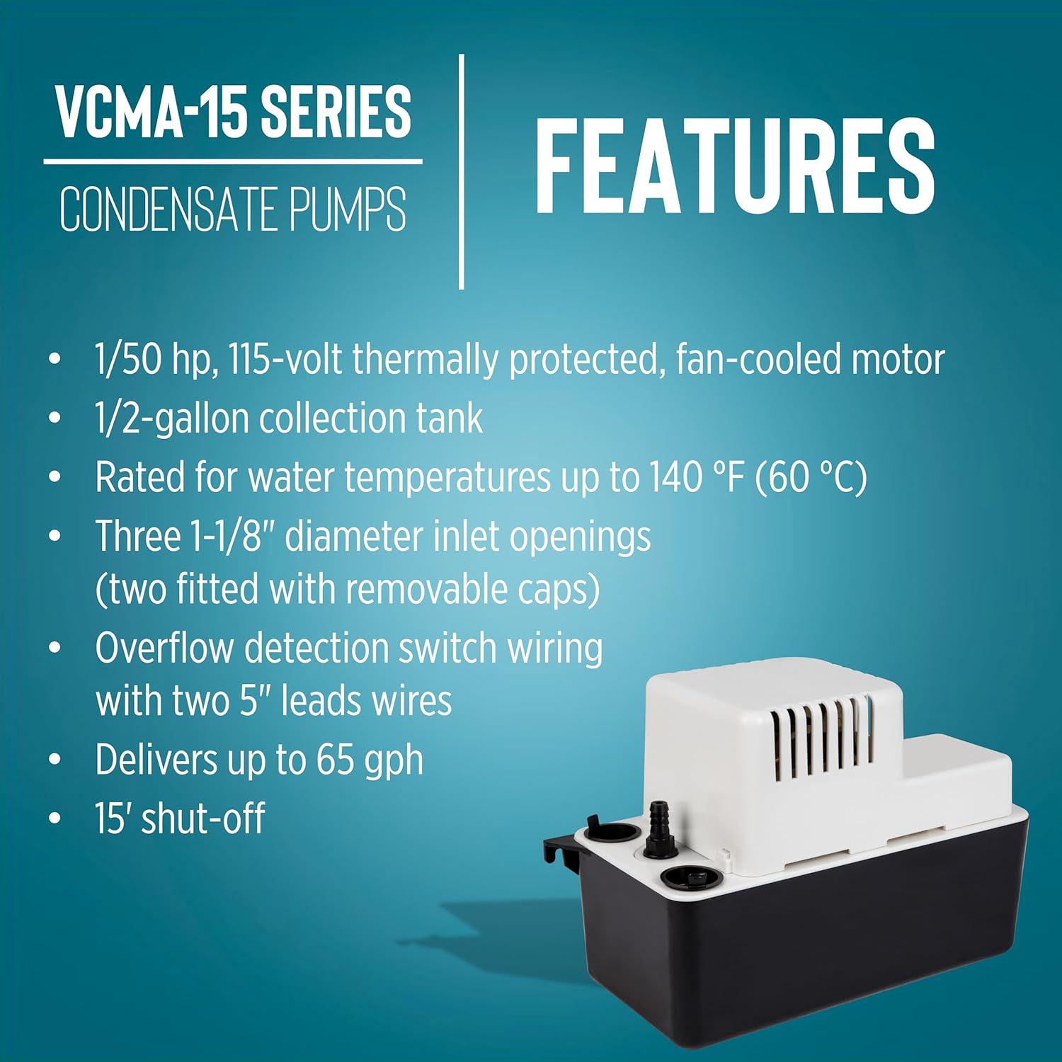 Little Giant VCMA-15ULS 115 Volt, 65 GPH, 1/50 HP Automatic Condensate Removal Pump for HVAC/Refrigeration Systems/Dehumidifiers with Overflow Detection Switch and 6-Foot Cord, White/Black, 554405