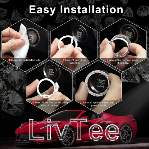 LivTee 2 PCS Crystal Double Rhinestone Car Engine Start Stop Decoration Ring, Bling Car Interior Accessories for Women, Push to Start Button Cover Sticker, Automotive Decals, White