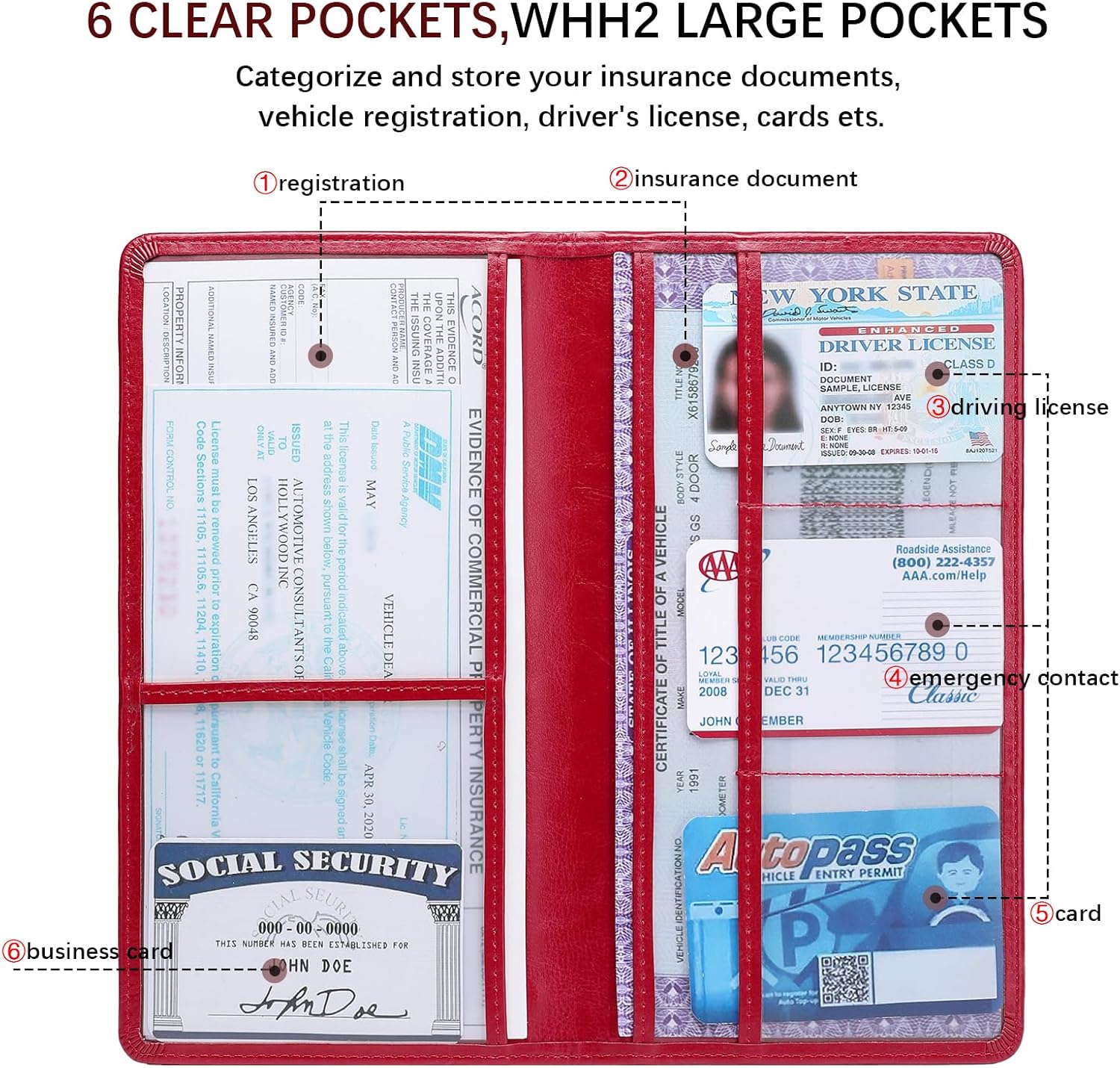 Car Registration and Insurance Card Holder for Women Men, Red Glove Box Paperwork Organizer with Magnetic Buckle for Easy Access and Protect Documents and Various Cards in Vehicle