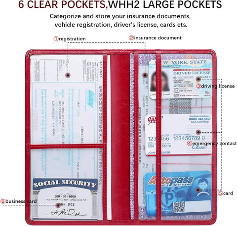 Car Registration and Insurance Card Holder for Women Men, Red Glove Box Paperwork Organizer with Magnetic Buckle for Easy Access and Protect Documents and Various Cards in Vehicle