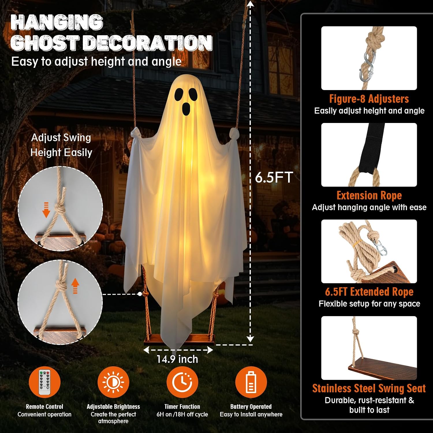 Halloween Hanging Ghost Decorations, 5FT Swinging Ghost with Remote Lights