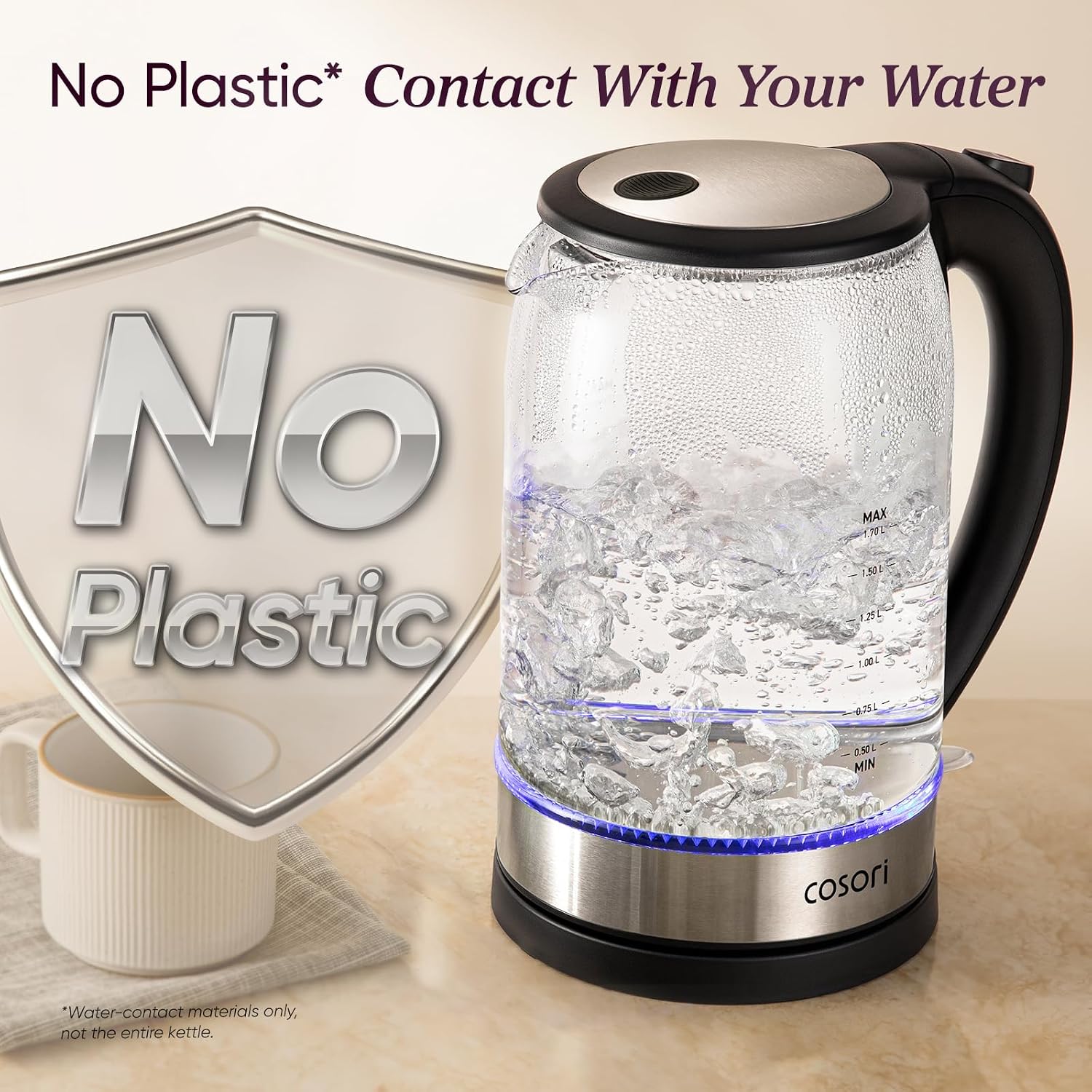 Cosori Electric Kettle, No Plastic Contact with Water, 1.7L, Black