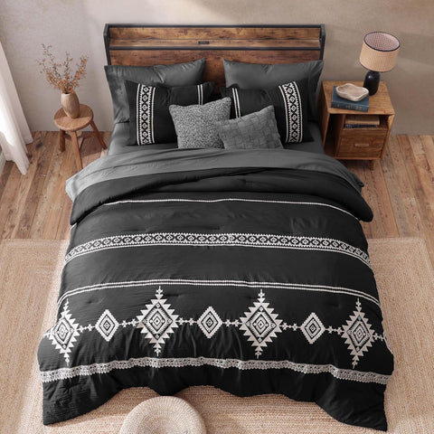 MaiRêve Embroidery Queen Comforter Set 7 Pieces Black Bed in a Bag