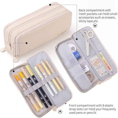 CICIMELON Large Capacity Pencil Case 3 Compartment Pouch Pen Bag for School Teen Girl Boy Men Women (Beige)