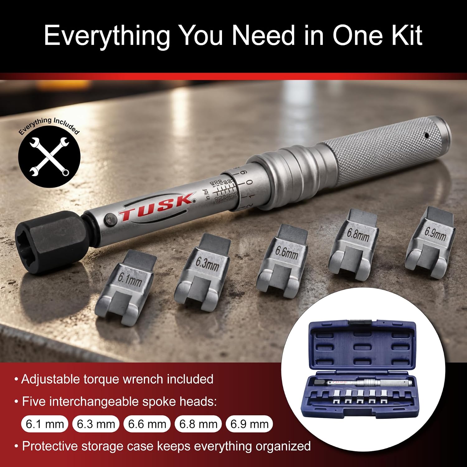 TUSK Spoke Torque Wrench Kit Adjustable 30-150 in-lb with 5 Heads