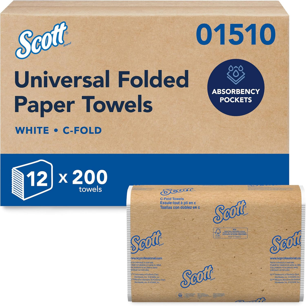 Scott Professional C-Fold Paper Hand Towels, Bulk, 12 x 200 Sheets (01510) | Universal, Standard Tier, Absorbency Pockets, White, Compatible with Universal Folded Towel Dispensers