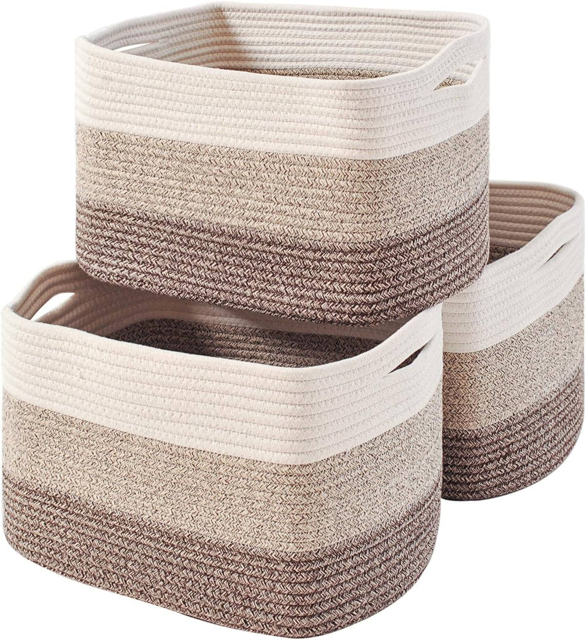 ICERZCZ Storage Baskets for Organizing Shelves, Woven Cotton Rope Bins for Baby Nursery Organization, Book Toy Towel Organizer, 15"x11"x9.5", 3 Packs, Gradient Brown