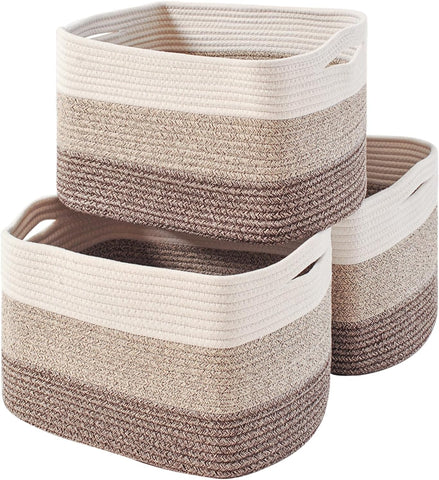 ICERZCZ Storage Baskets for Organizing Shelves, Woven Cotton Rope Bins for Baby Nursery Organization, Book Toy Towel Organizer, 15"x11"x9.5", 3 Packs, Gradient Brown