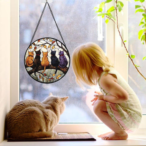 5 Cats on a Branch Stained Glass Window Hanging Suncatcher Gifts 6.3"