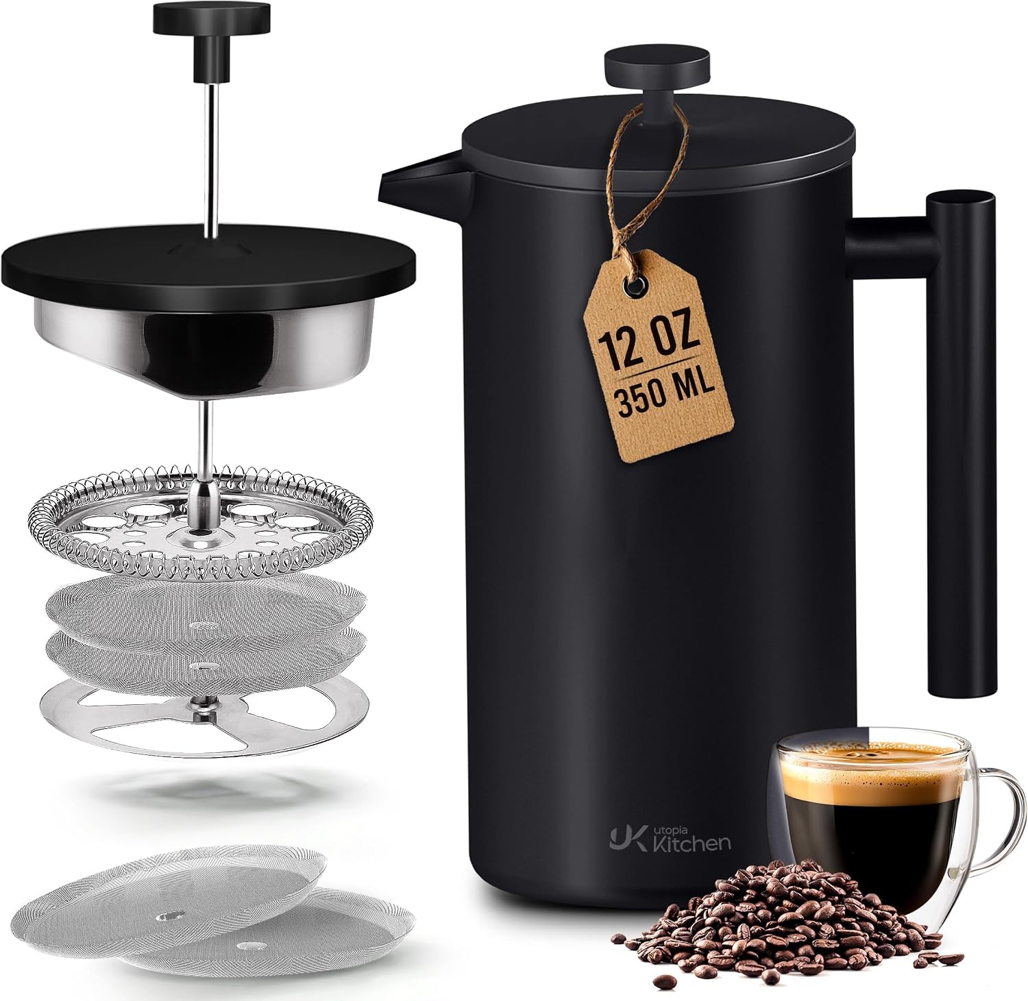 Utopia Kitchen 304 Grade Stainless Steel French Press 12 Oz, Black