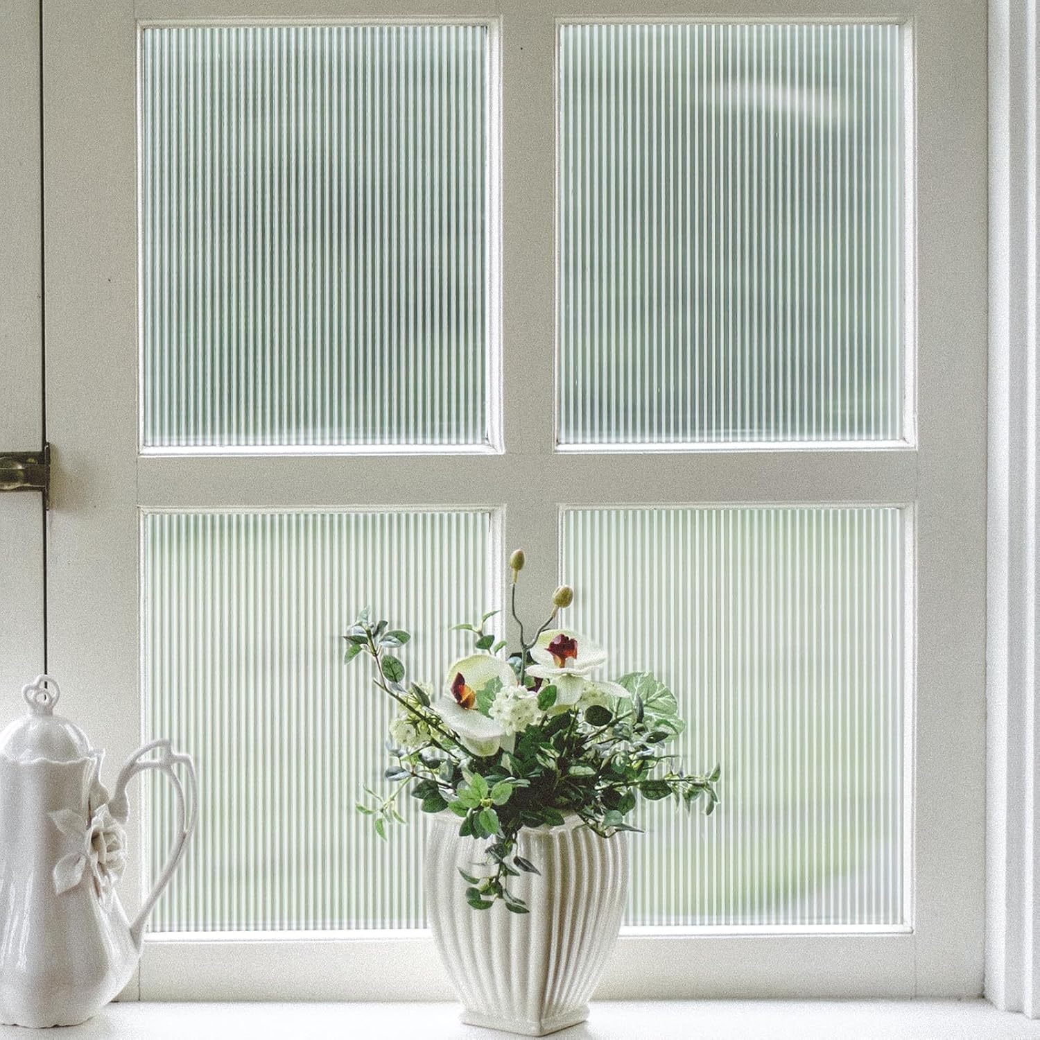 VELIMAX Reeded Glass Window Film, Window Privacy Film, Frosted Window Vinyl, 3D Decorative Decals Non Adhesive for Bathroom Living Room 17.7x78.7 inches