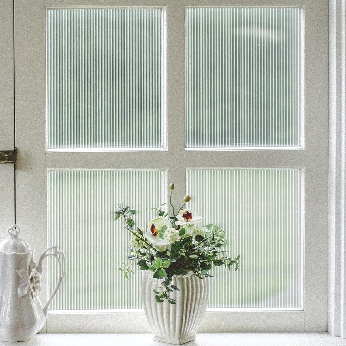 VELIMAX Reeded Glass Window Film, Window Privacy Film, Frosted Window Vinyl, 3D Decorative Decals Non Adhesive for Bathroom Living Room 17.7x78.7 inches