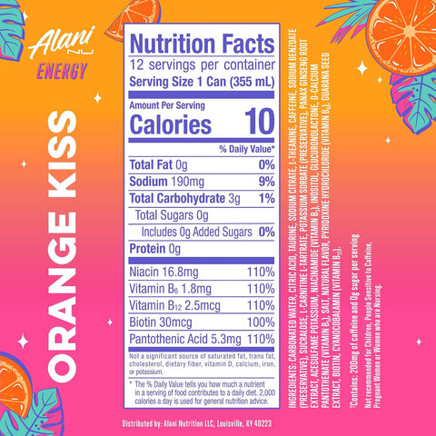 Alani Nu ORANGE KISS, Sugar Free, Low Calorie Energy Drinks, 200mg Caffeine, Biotin, B Vitamins, Zero Sugar, 10 Calories, 12 Fl Oz Cans, 24 Pack