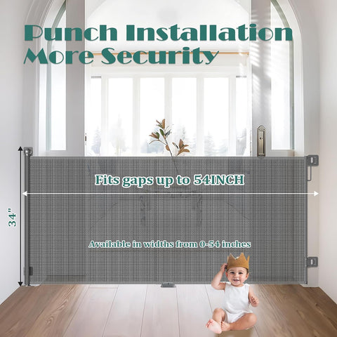 Retractable Baby Gate for Stairs, Dog Gate Indoor 55" Wide × 34" Tall Gray.