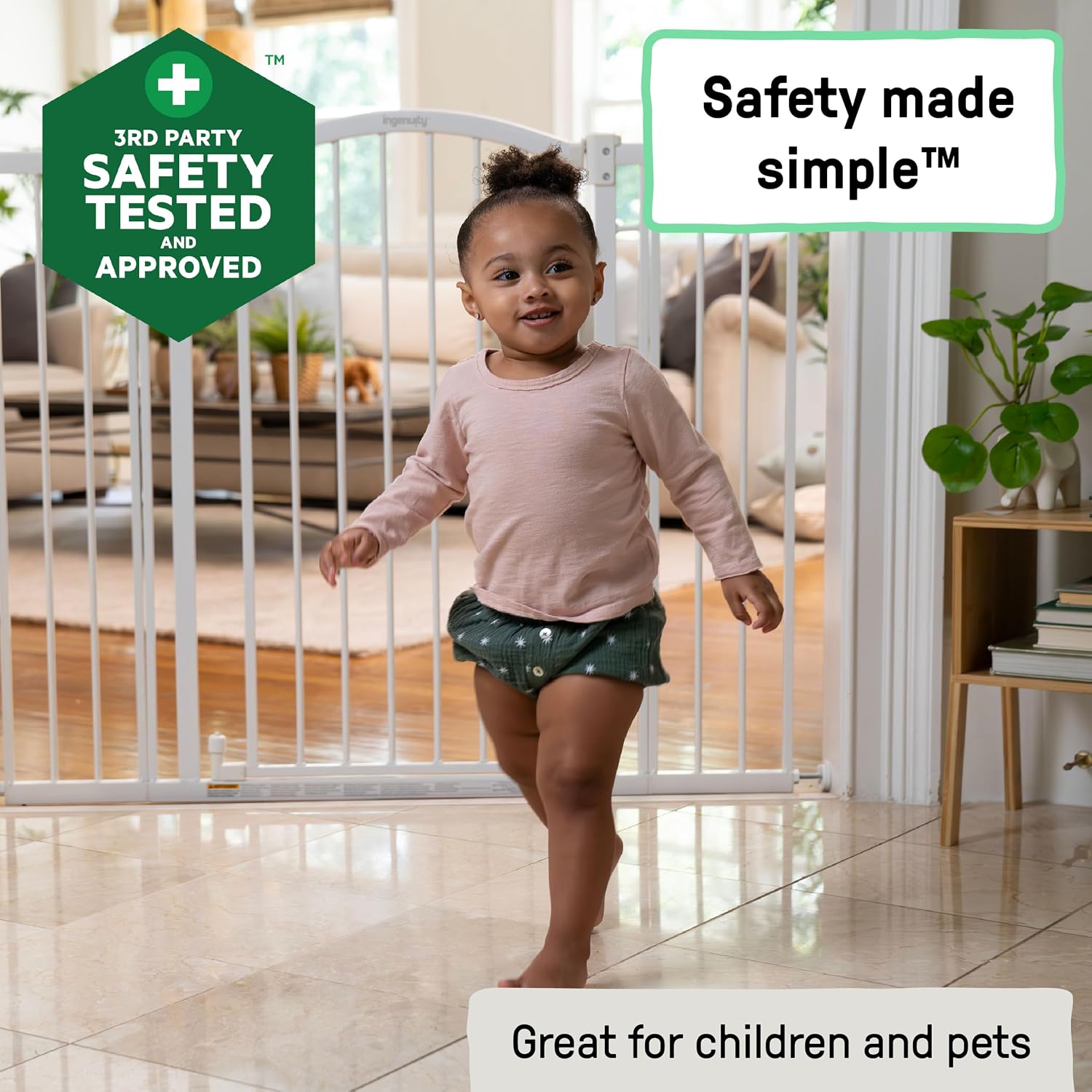 Ingenuity Extra Tall & Wide Safety Pet and Baby Gate, 29.5"-53" Wide, 38" Tall, Pressure or Hardware Mounted, Install on Wall or Banister in Doorway or Stairway, Auto Close Walk-Thru Door - White