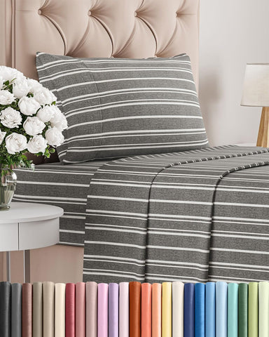 Twin Size 3 Piece Sheet Set - Breathable & Cooling Sheets - Grey Stripes