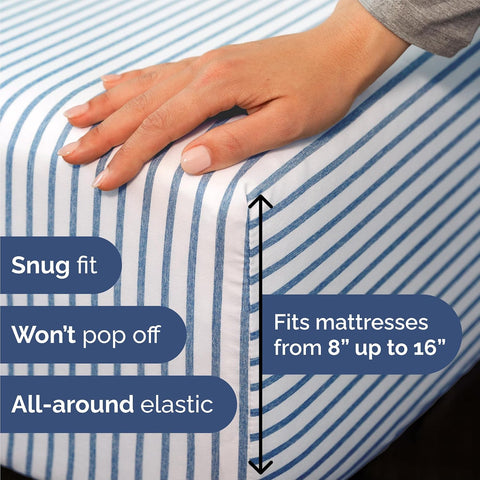 Queen Size 4 Piece Sheet Set - Breathable & Cooling Sheets - Blue Stripes