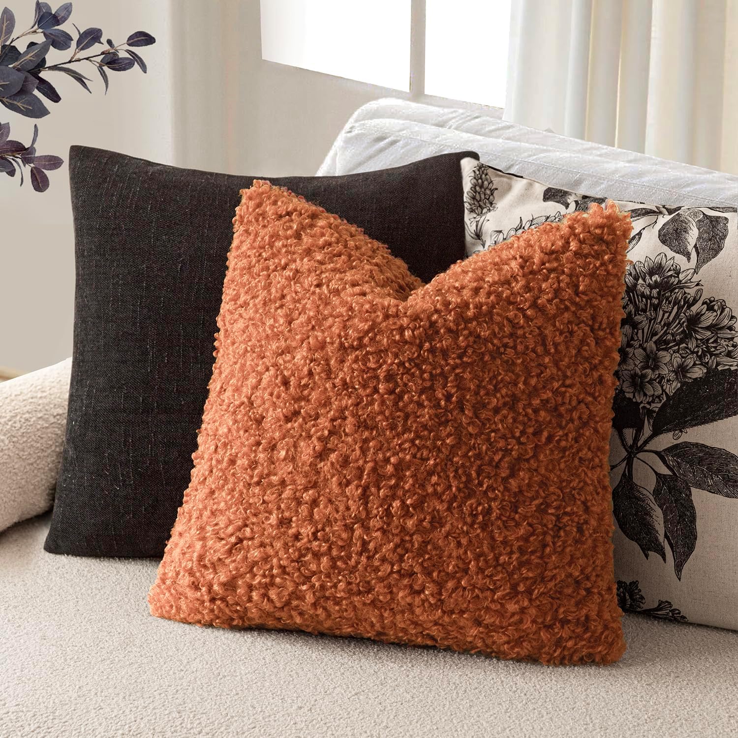 Foindtower Decorative Fuzzy Faux Fur Throw Pillow Covers 26x26 Burnt Orange