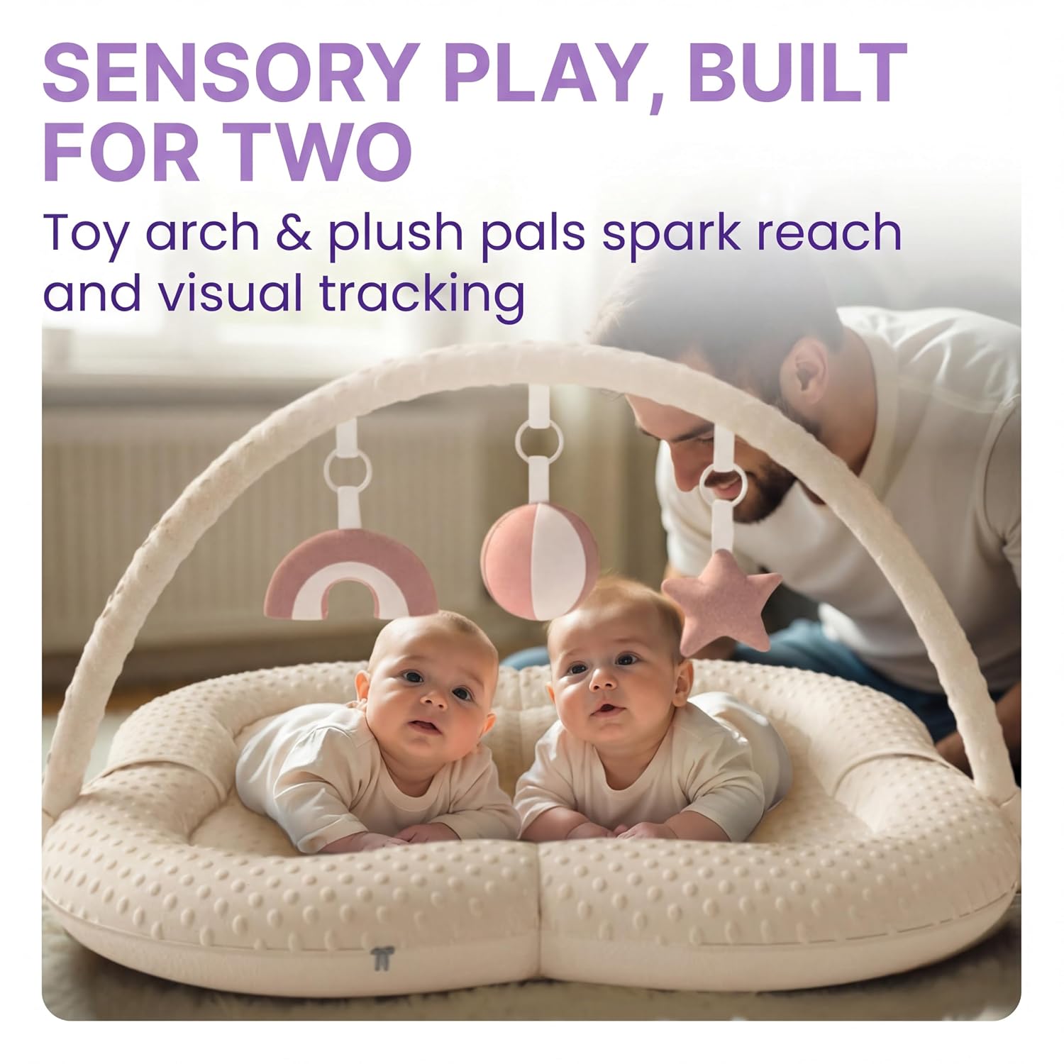 Twins Baby Play Mats for Floor Activity Gym - 5-in-1 Support Cushion Baby Play Mat Tummy Time Mat for Supervised Bonding with Arch, Plush Toys, Flashcards & Development - Beige